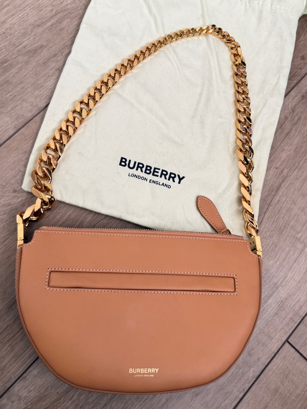 Burberry Mini Olympia Leather Shoulder Bag Tan Gold Chain Made in Italy